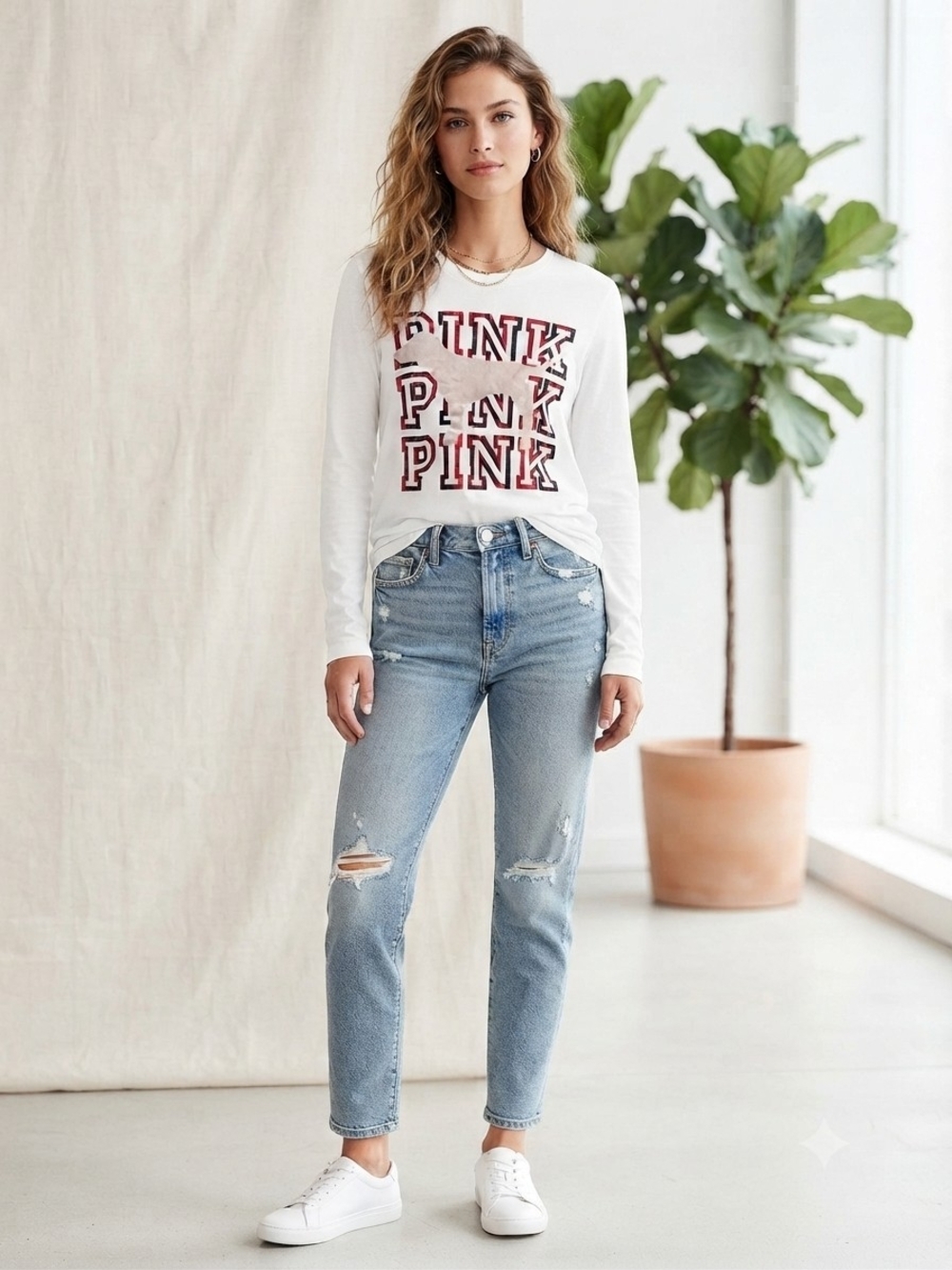 PINK Victoria's Secret Light Wash Distressed High-Rise Jeans